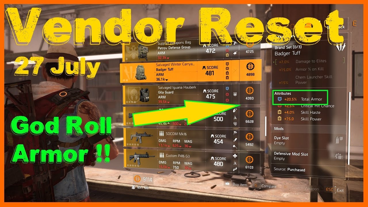 The Division 2 | Weekly Vendor Reset 27 July | 20.5 Percent God Roll Armor Stat!!