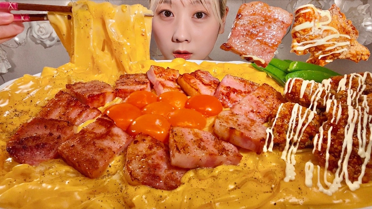 ASMR Карбонара из стеклянной лапши【русские субтитры】【Mukbang/ Eating Sounds】