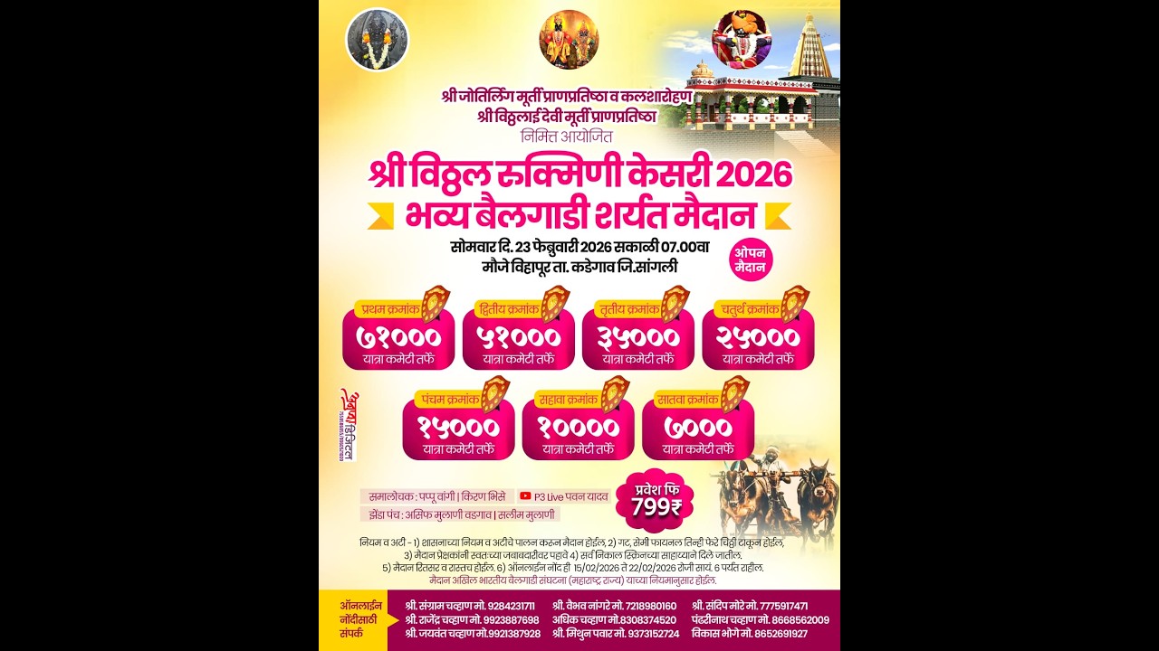 श्री विठ्ठल रुक्मिणी केसरी 2026 भव्य दिव्य बैलगाडा शर्यत मौजे विहापूर ता कडेगाव