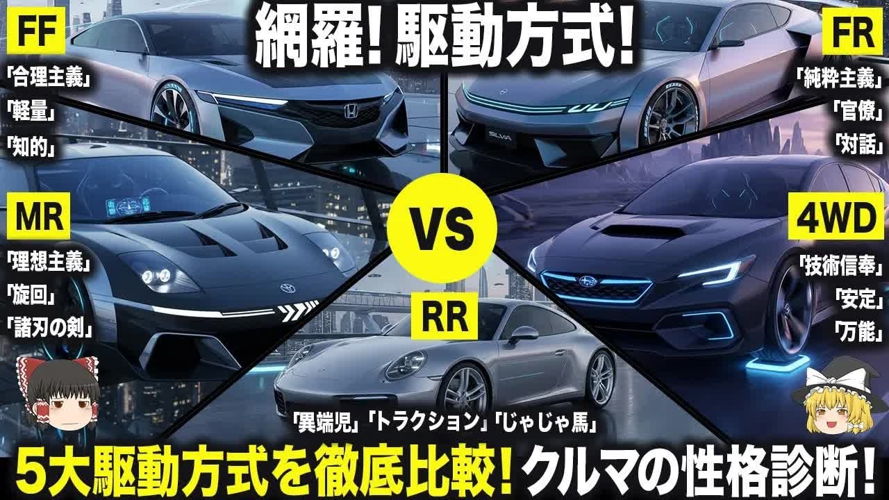 【ゆっくり解説】FF・FR・MR・RR・4WDの違いとは？5大駆動方式を徹底比較！
