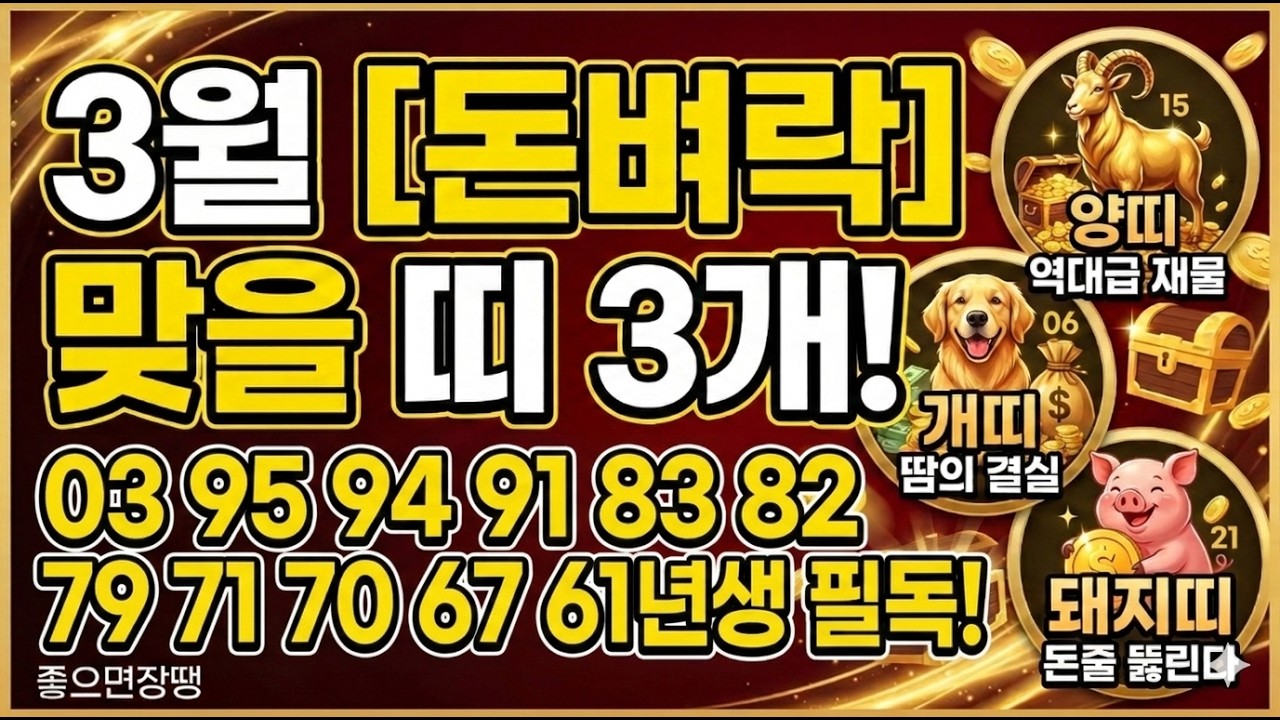2026년 3월, 멈췄던 금고가 열리는 '금전운 TOP 3' 띠공개! / 나이별·월별 운세 3분 마스터 (소름 주의)