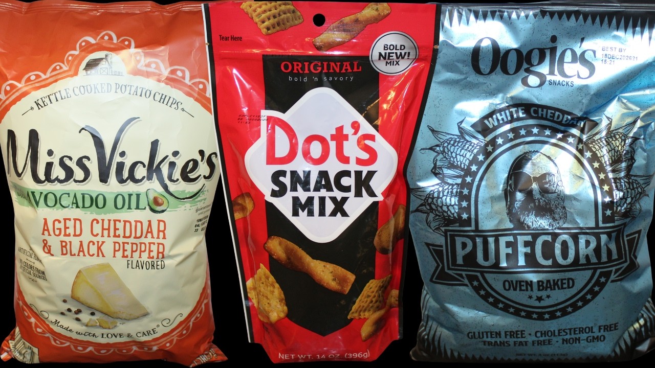 Miss Vickie’s Aged Cheddar & Black Pepper, Dot’s Snack Mix & Oogie’s Snacks White Cheddar Puffcorn