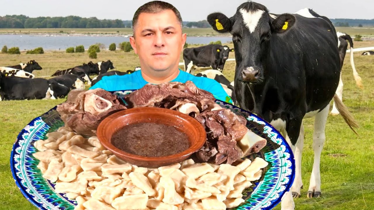 Готовим ужин из говядины и теста. Блюдо в казане на костре