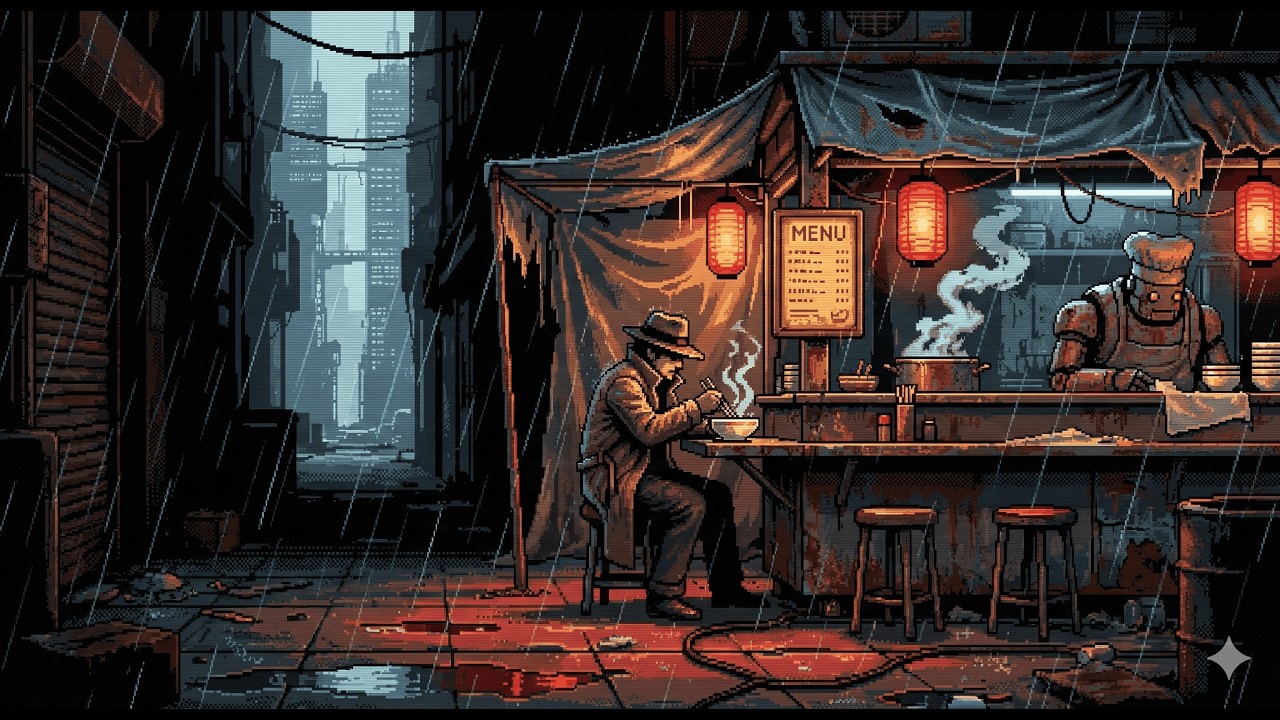 Late Night Noodle Bar 🍜 Cyberpunk Ambience & Dark Jazz [Rain Sounds, ASMR, 16-bit] [4K]
