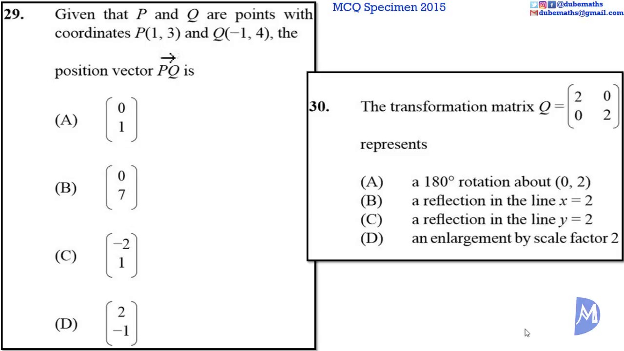 Demo E-tests | 29&30 | Vectors and Matrices | Specimen 2015 Multiple Choice | CSEC Mathematics