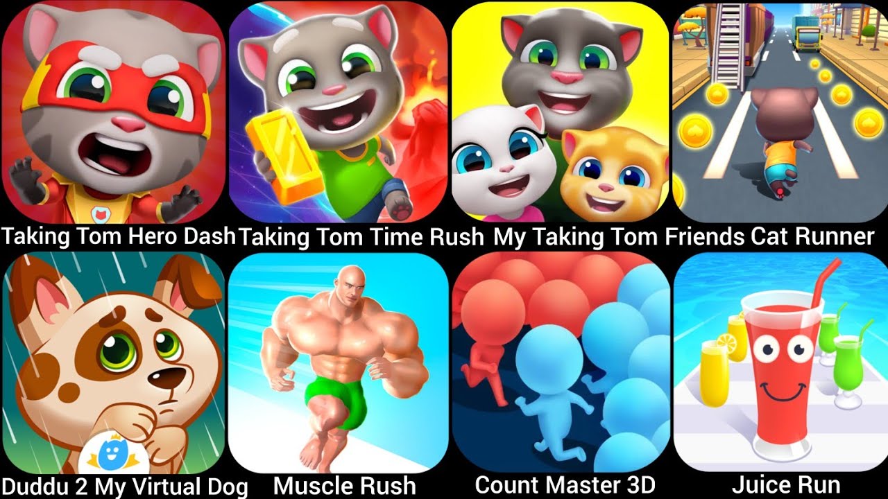 Cat Runner,Talking Tom Hero Dash,Count Master 3D,My Talking Tom Friends,Talking Tom Time Rush,Mu…..