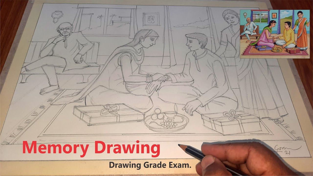 How to draw Raksha Bandhan Pencil Sketch for Beginners, स्मरण चित्र, Drawing Exam, art master gore