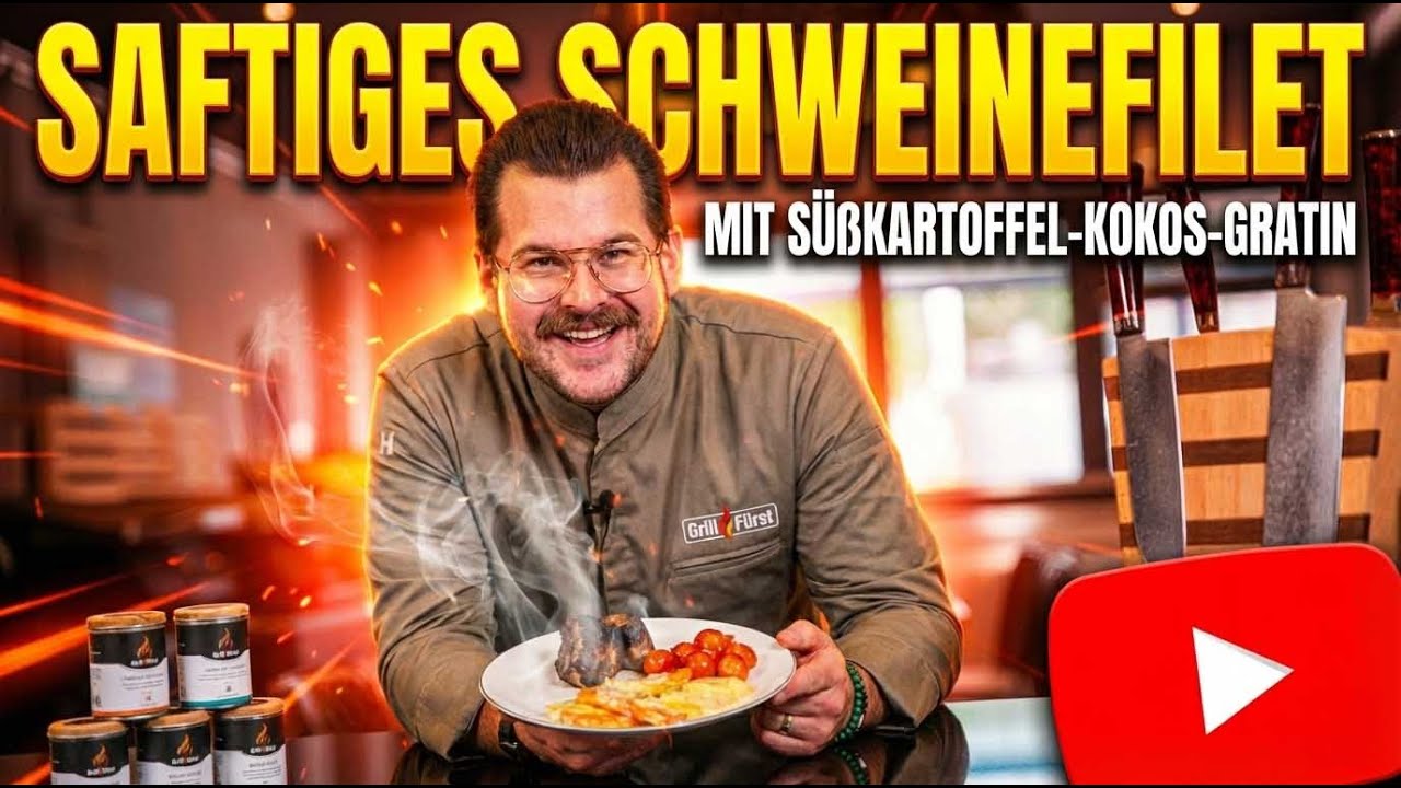Bio-Schweinefilet mit Süßkartoffel-Kartoffel-Kokosgratin aus dem Grill