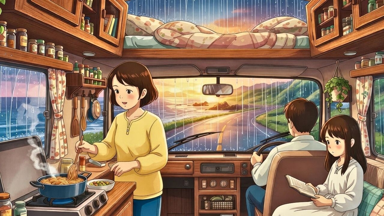 A Rainy Day in Our Mobile Home: Cozy Moments Together | Ghibli-Style Video 🌧️🚐