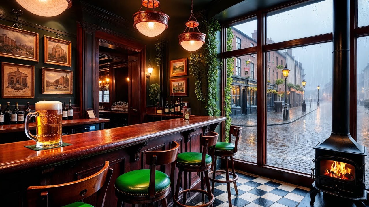 Rainy Irish Pub in the City Ambience 🍀 Rain & Fire Sounds for Sleep | Cozy Ambient St. Patrick’s Day
