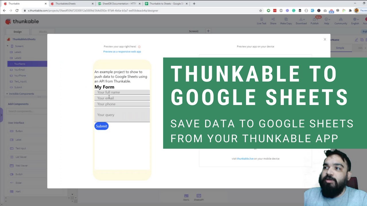 Thunkable to Google Sheets | Write Data to Sheets with SheetsDB | No-Code Tutorial