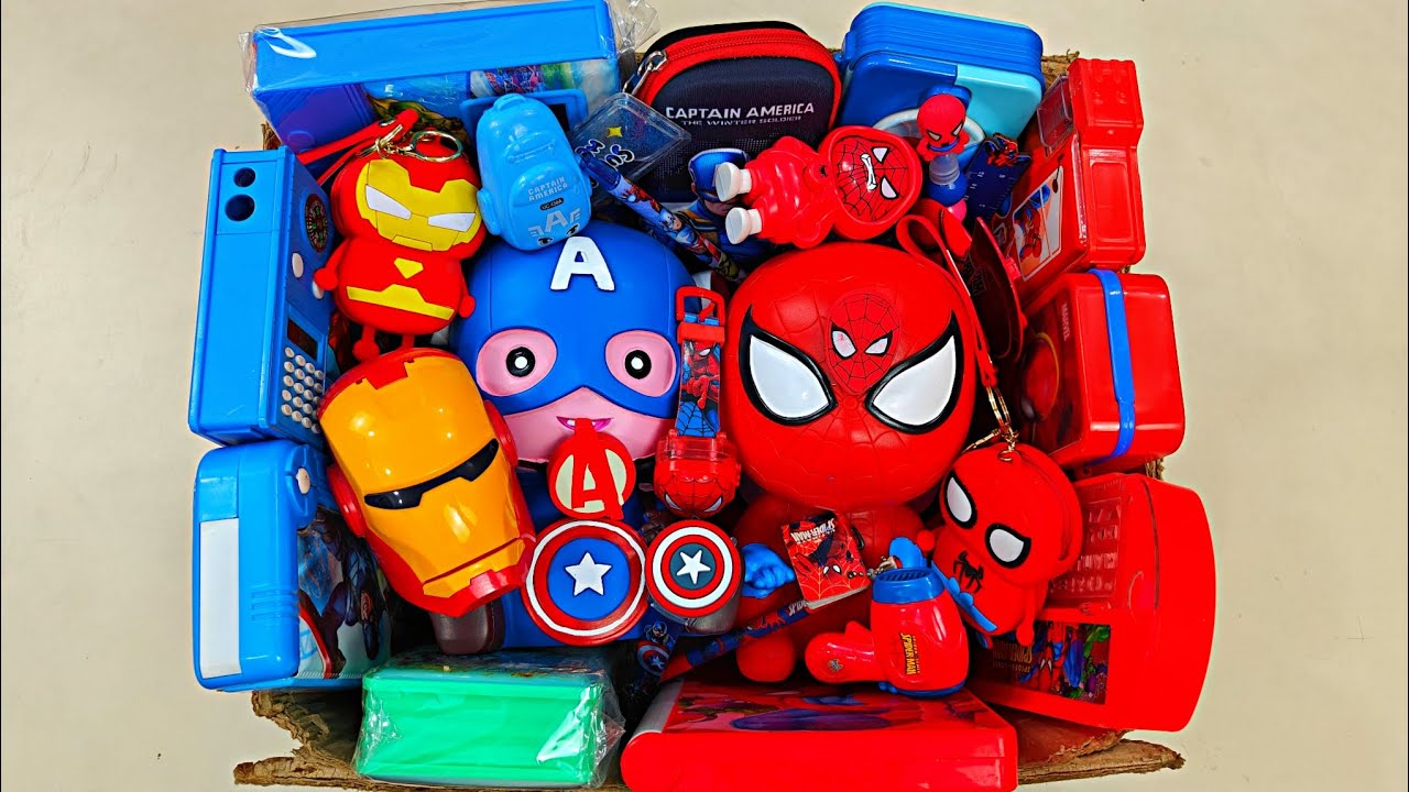 unboxing blue stationery items & red stationery, spiderman toy collection, school supplies, eraser