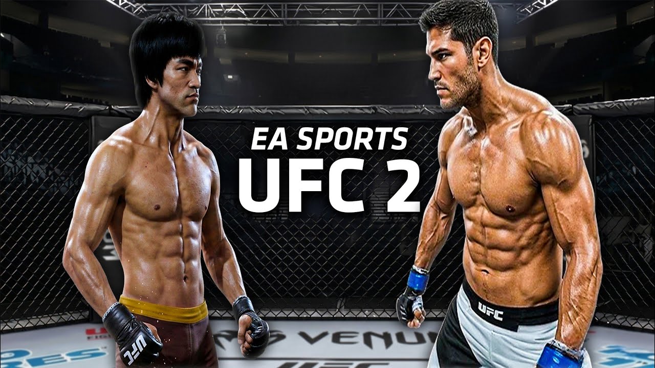 Бой Брюса Ли против Патрика Коте в игре UFC 2 от EA Sports (сложный уровень).