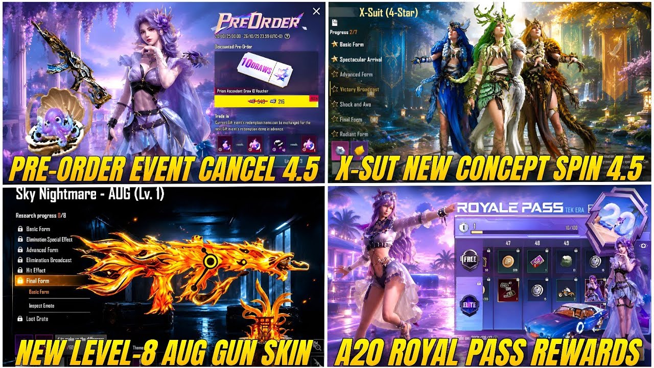 PRE-ORDER EVENT CANCEL 4.5 UPDATE 😭 | A20 ROYAL PASS LEAKS | NEW UPGRADE AUG SKIN | 4.5 UPDATE X-SUT