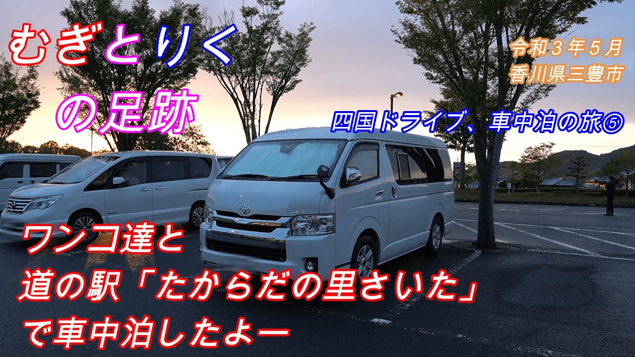 四国ドライブ、車中泊の旅⑤　わんこ達と道の駅「たからだの里さいた」で車中泊したよー【むぎとりくの足跡＃１０７】【ハイエースキャンピングカー】