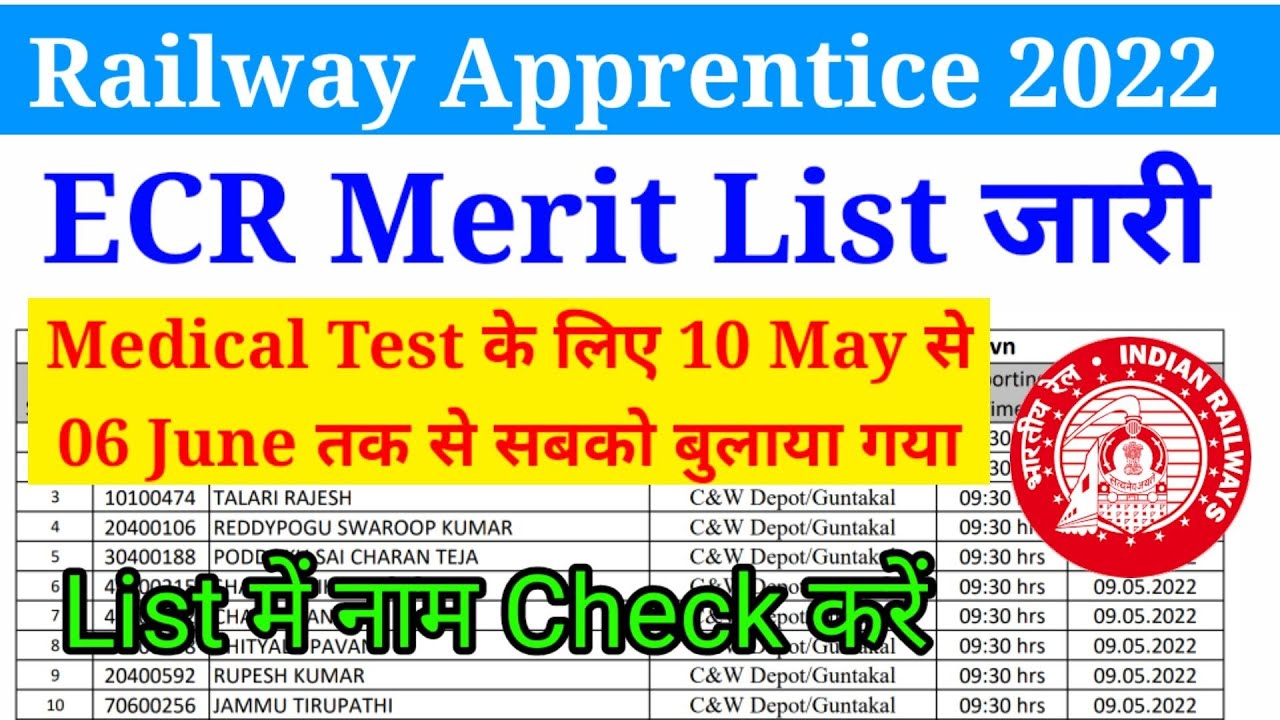 East Central Railway Apprentice Vacancy Latest News 2022, Medical Test 2022, ECR Merit List जारी