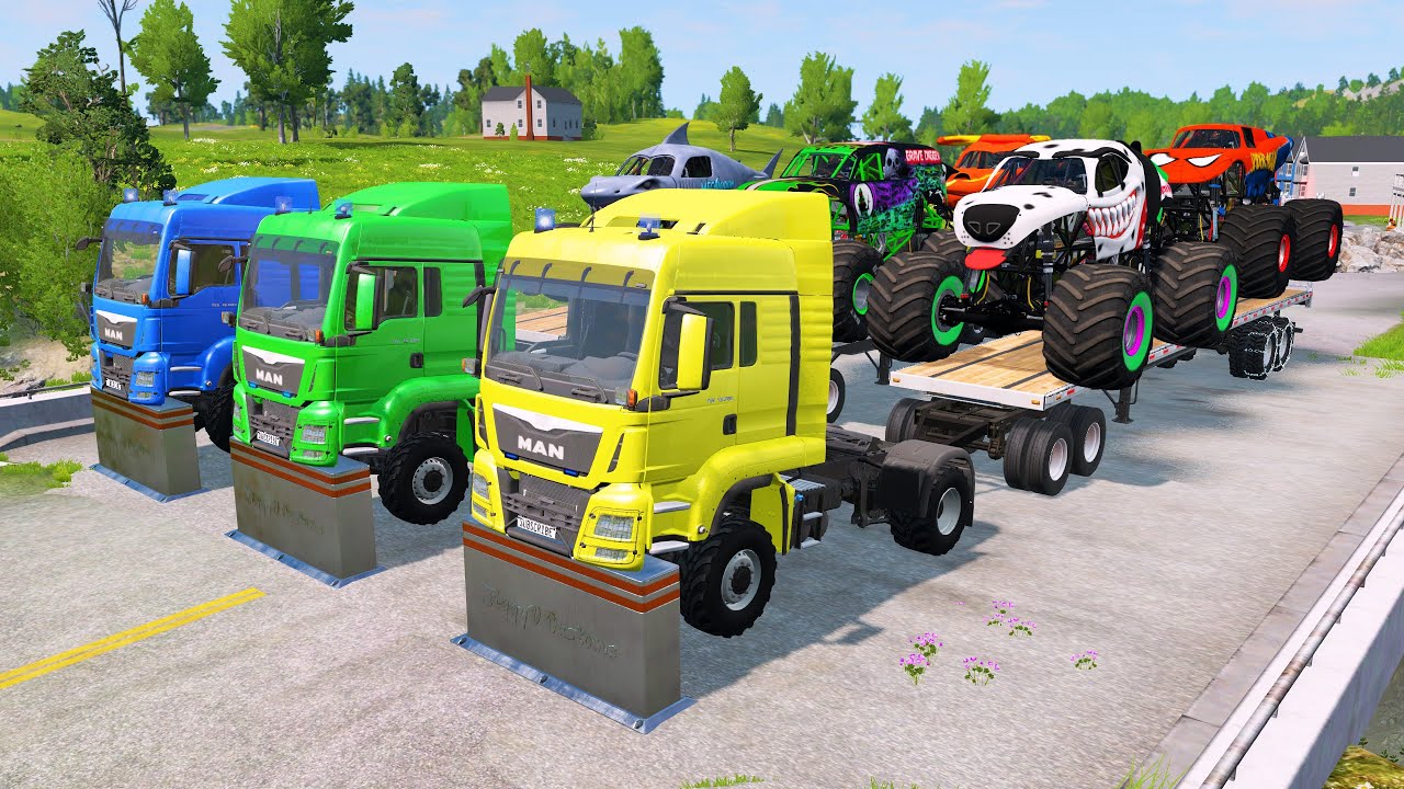 Triple Flatbed Trailer Monster Truck Gauntlet – BeamNG.drive | Part 1