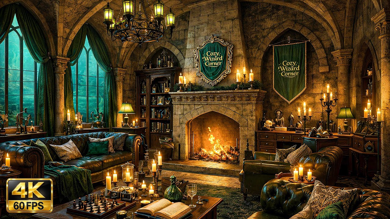 Underwater Wizard Common Room | Cozy Fireplace & Deep Sea Ambience | 8 Hours