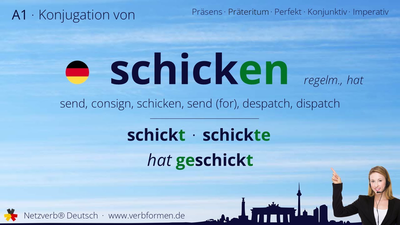 Konjugation Verb &bdquo;schicken&ldquo; (regelm., hat) - alle Zeitformen, Lernvideo, Tutorial