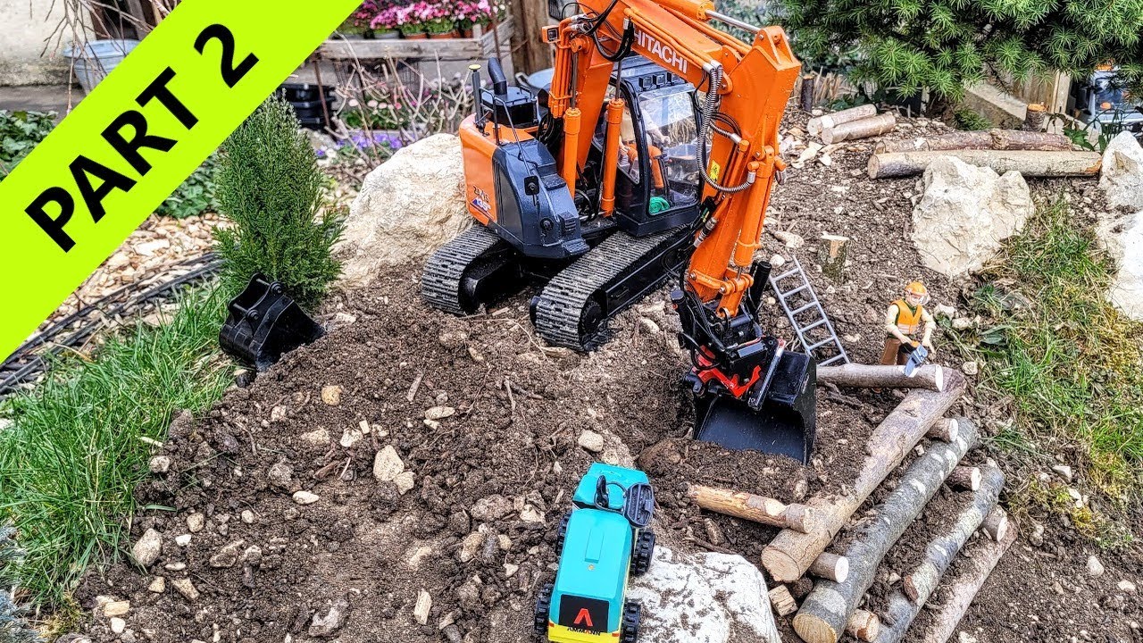 Tree felling and log crib wall construction. RC excavator Hitachi ZX135US. 1/15 Scale Part 2