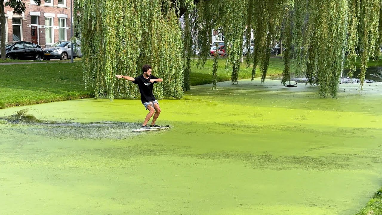 Skimboarder attempts to Slide across a Green Canal!