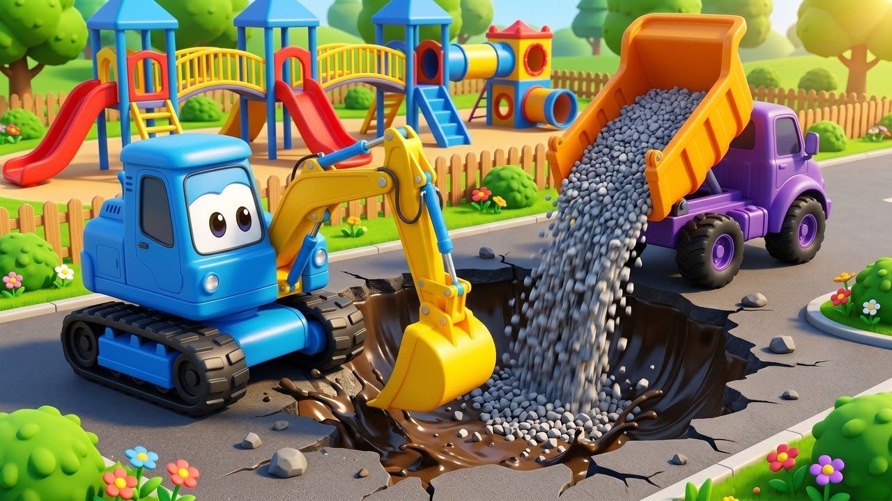 The Road to the Playground Washed Away! Construction Trucks Fix the Road
