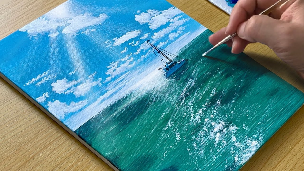 Acrylic Seascape Painting - Boat Under Sunlight on Sparkling Ocean