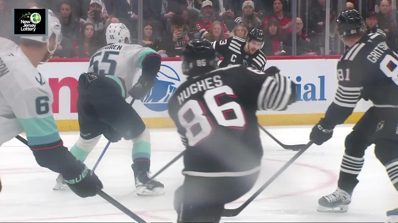 Nico Hischier scores a powerplay goal against the Seattle Kraken