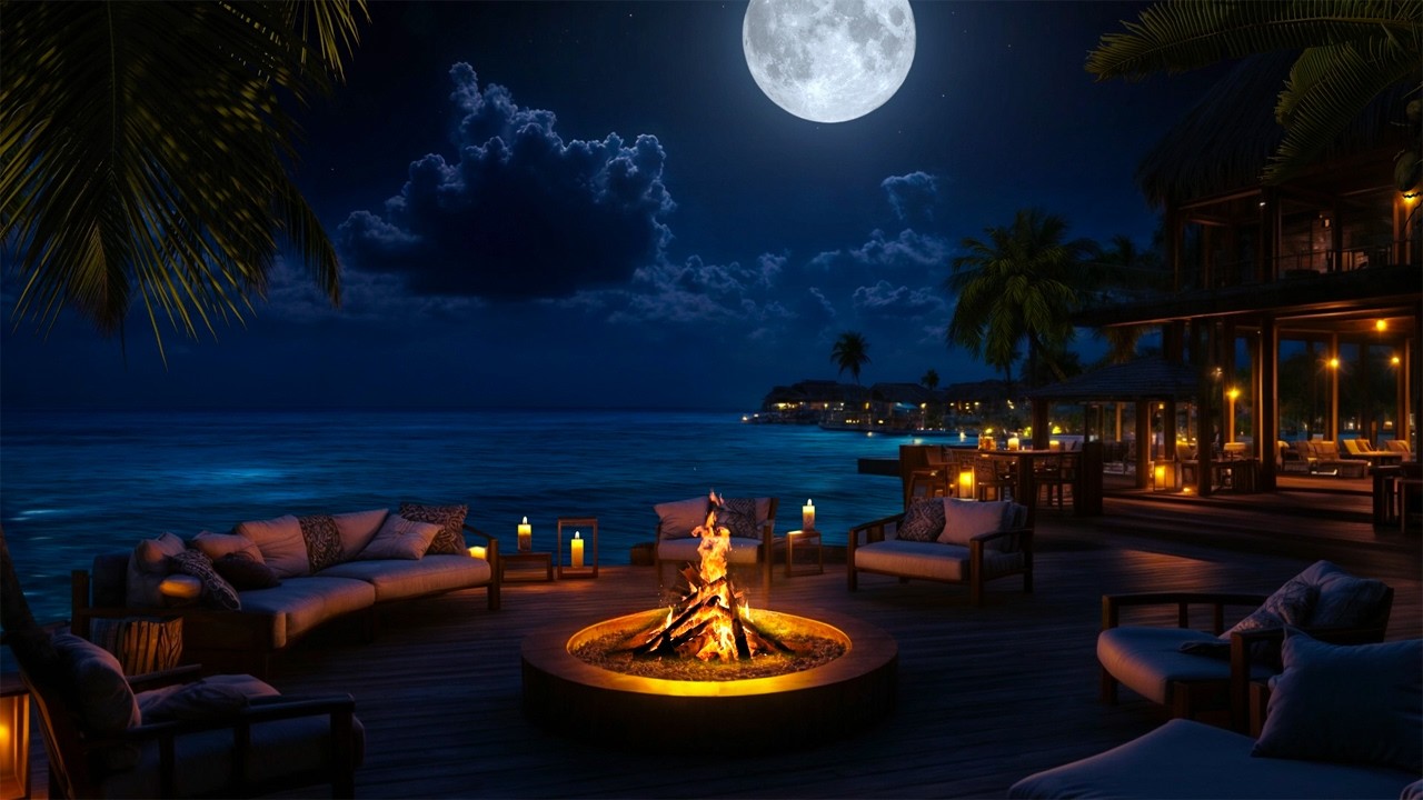 Healing Ocean Night 🌊 Full Moon Beach, Warm Firepit & Gentle Ocean Waves for Deep Sleep & Relaxation