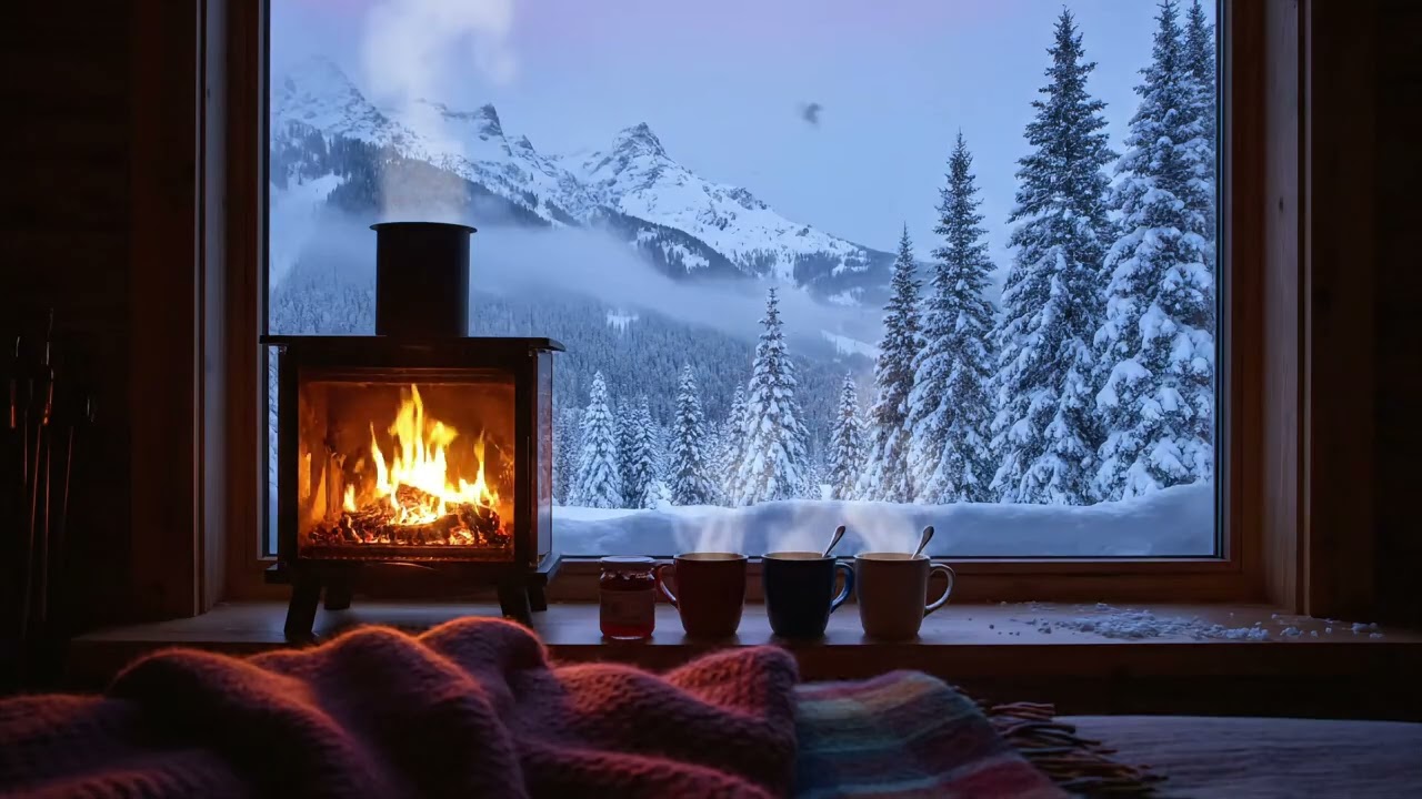 Cozy Mountain Cabin with Fireplace & Snowy Peak View | 4K Relaxing Ambience for Sleep, Study