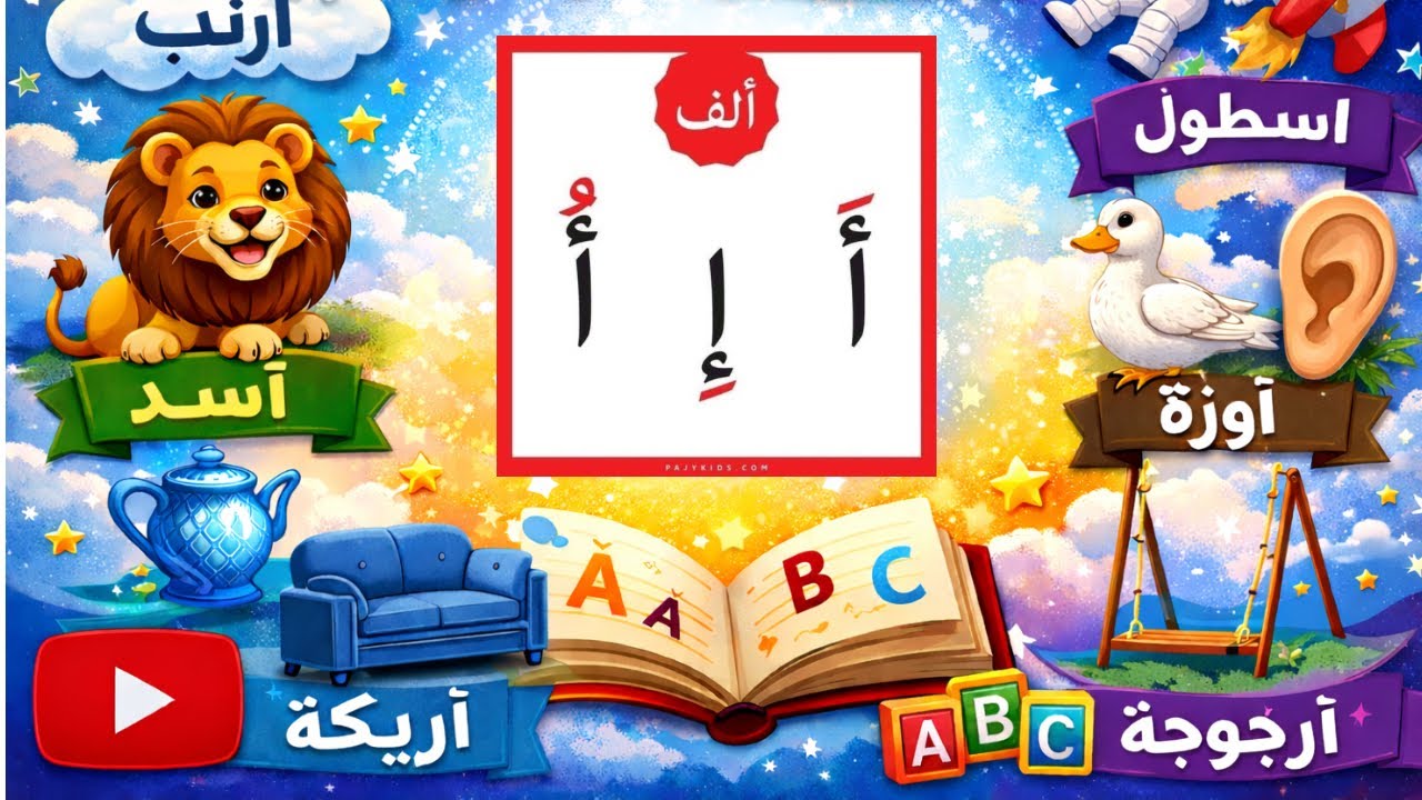 كلمات تبدأ بحرف الالف أَ أَسَد ، أُ أُرْجُوحة، إِ إِبْريق للأطفال 