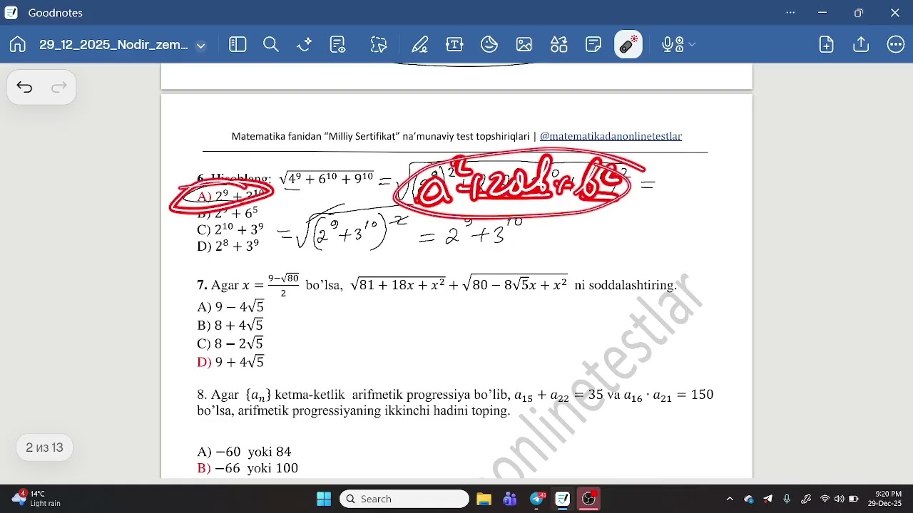 Matematika milliy sertifikat 2025-yil 29-dekabr tushgan savollar yechimi... 