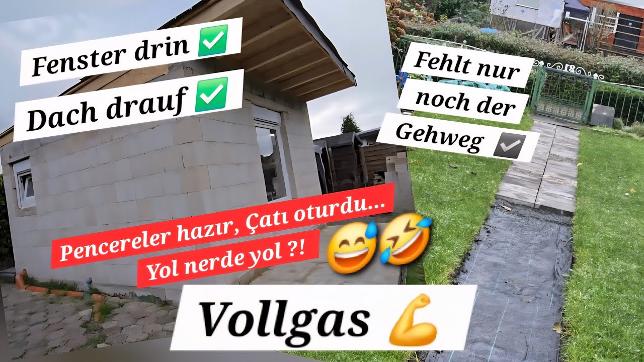 Schrebergarten-Projekt, Das Dach wird gebaut, die Fenster sind drin und der Gehweg wird gepflastert 