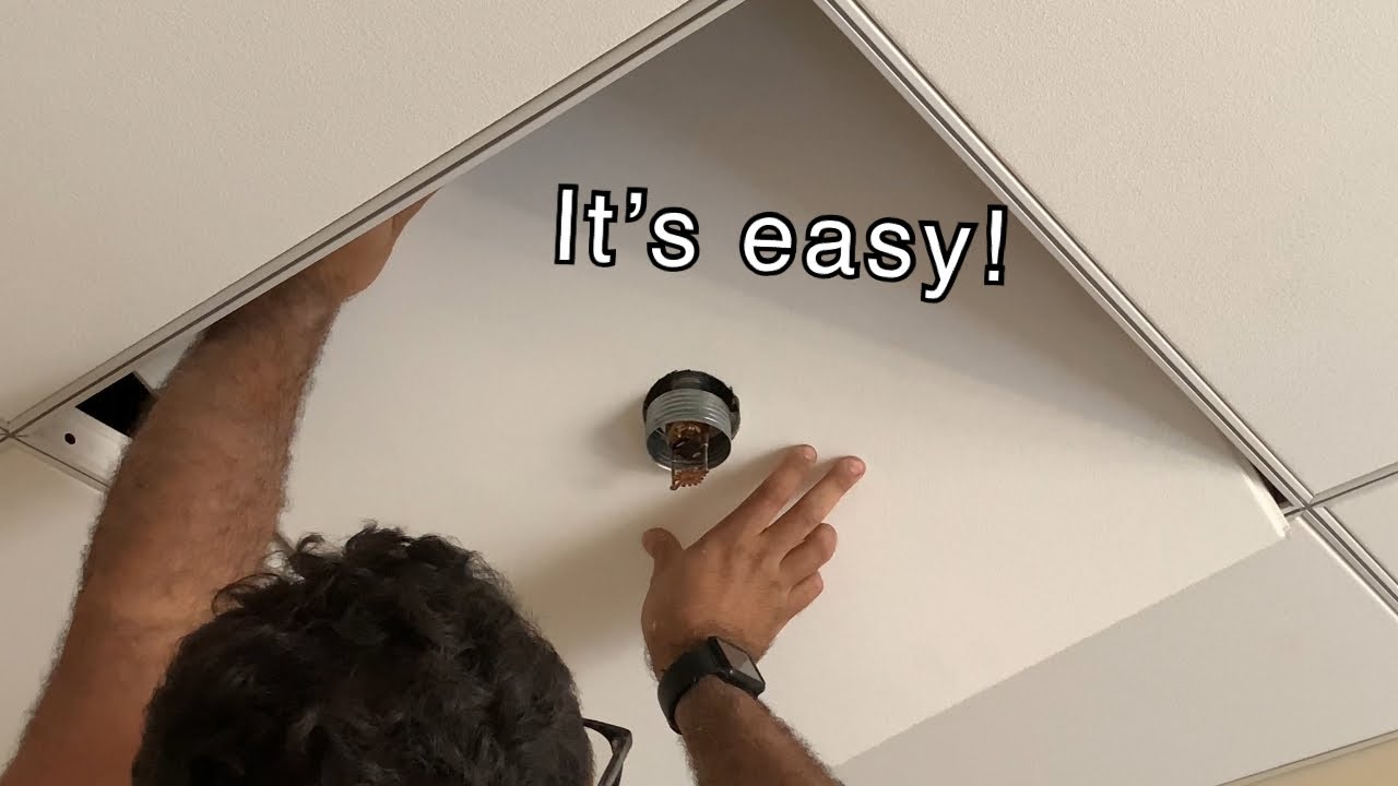 How to install ceiling tile with sprinkler head in the middle. // Skill Stacking