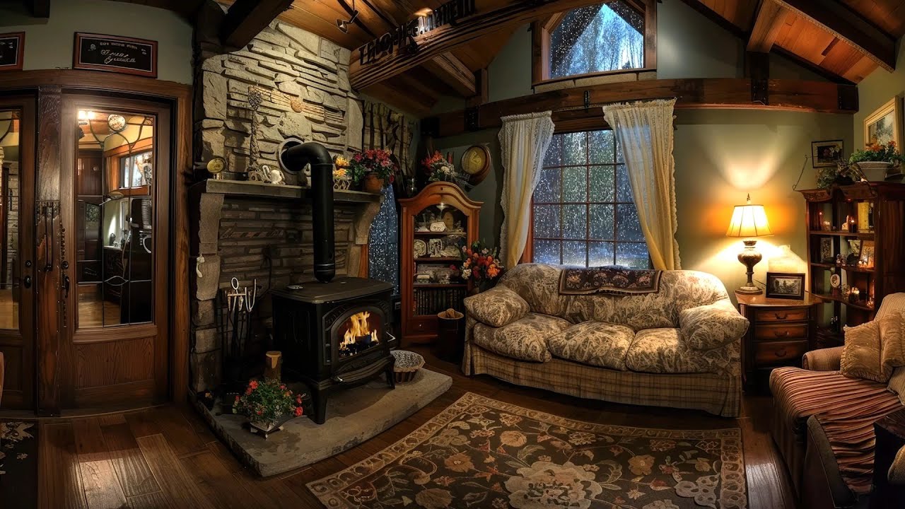 🔴Soothing Rain & Fireplace Sounds | Perfect Sleep in a Wooden Cabin with Storm Ambience 🏡🌧️