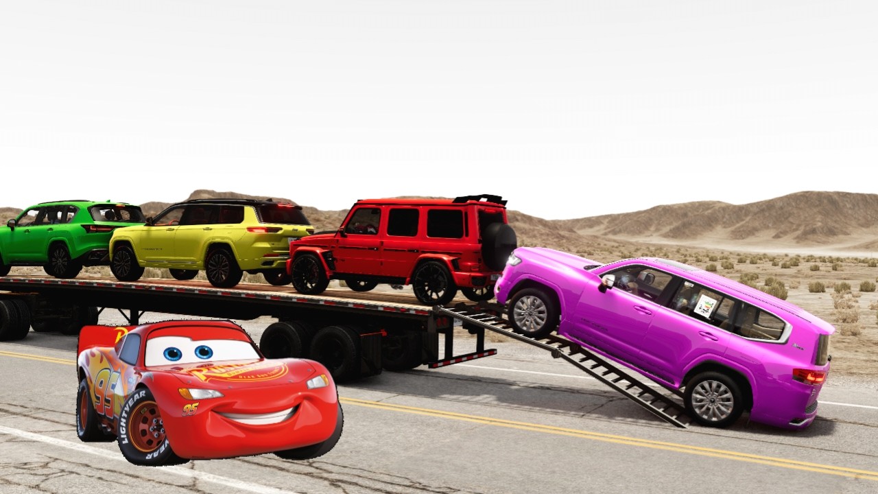 Flatbed Truck Mcqueen | Transportation with Truck - Pothole vs Car #8 - BeamNG.Drive