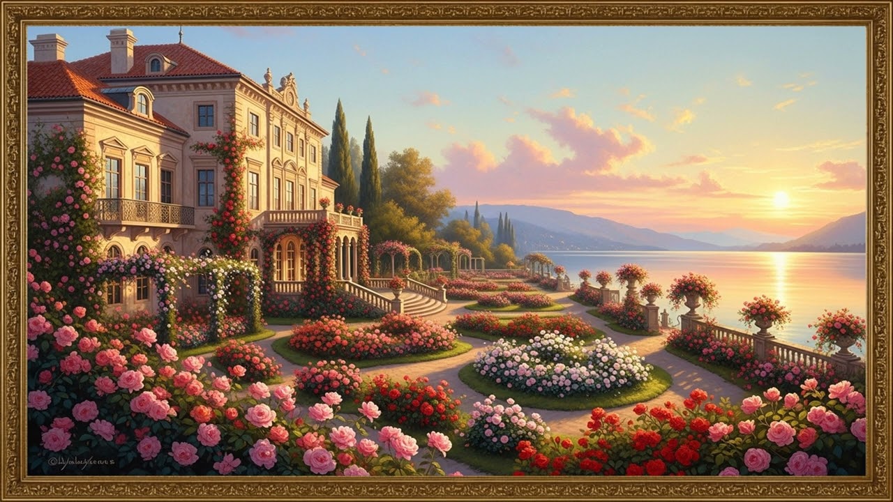 Rose-Framed Lakeside Mansion | Warm Golden Twilight Canvas