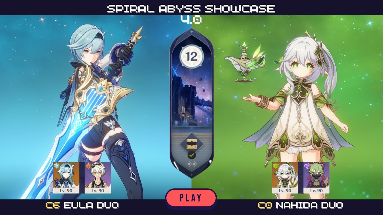 New Spiral Abyss 4.1 - Floor 12 | C6 Eula Duo and C0 Nahida Duo [9 stars]