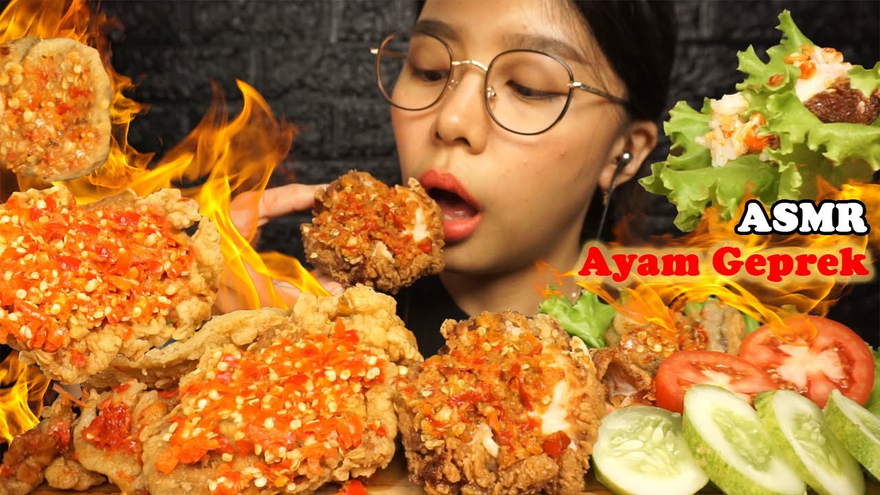 ASMR Ayam Geprek Komplit Pedes (canda pedes) | Spicy Fried Chicken Rice | Eating Sounds
