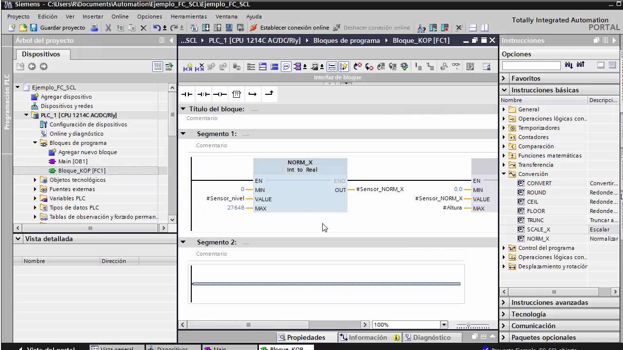 Siemens TIA Portal, función (FC) parametrizable en KOP y SCL
