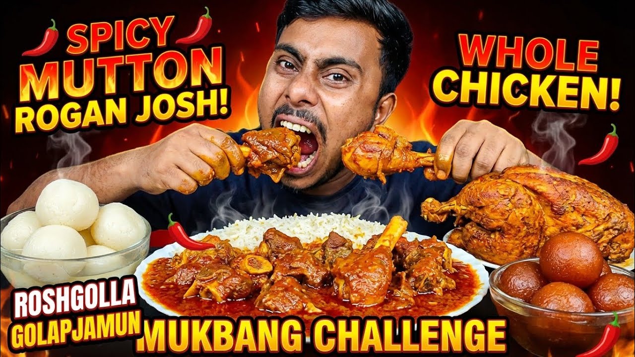 Eating Spicy Mutton Rogan Josh, Whole Chicken Roast, Roshgolla & Golapjamun with Rice || Food Eating
