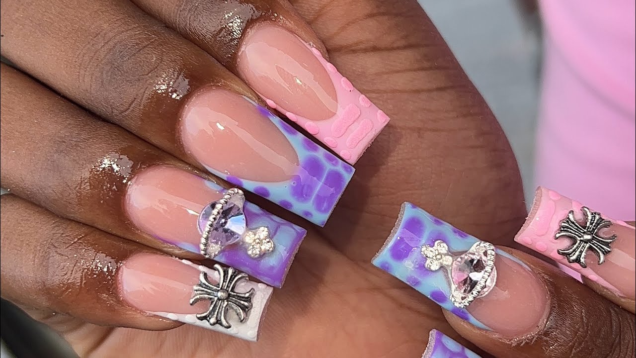 Multi-Color French w/ Chrome Heart Charms 💜✨ | Blooming Gel French | Watch Me Work | French Nails