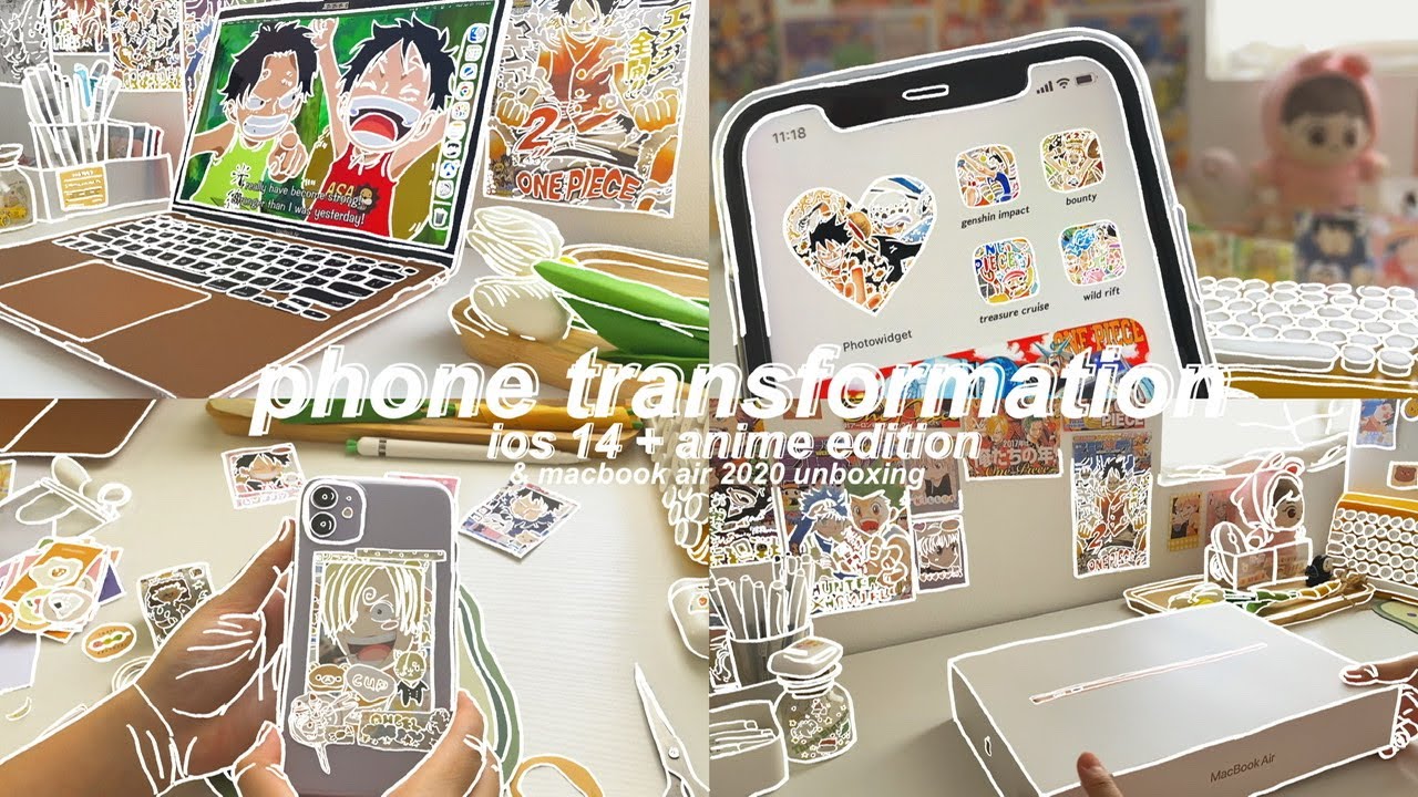 anime phone transformation 🌈 &mdash; ios 14 aesthetic + macbook air 2020 unboxing and accessories 💻🍃
