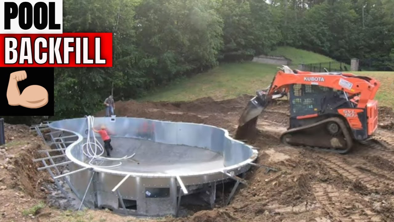 Backfilling around a inground pool with a Kubota SVL 90-2 Skid steer loader