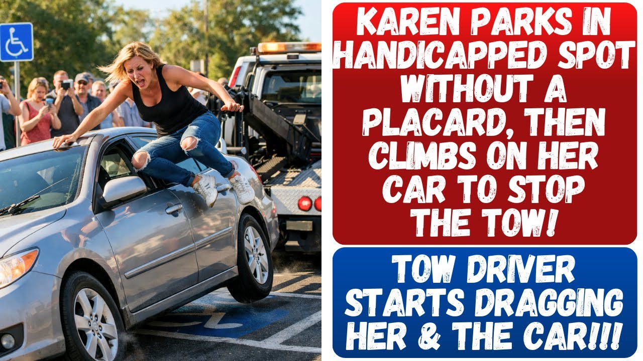 KAREN PARKS IN HANDICAPPED SPOT WITHOUT A PLACARD, THEN CLIMBS ON HER CAR TO STOP THE TOW!