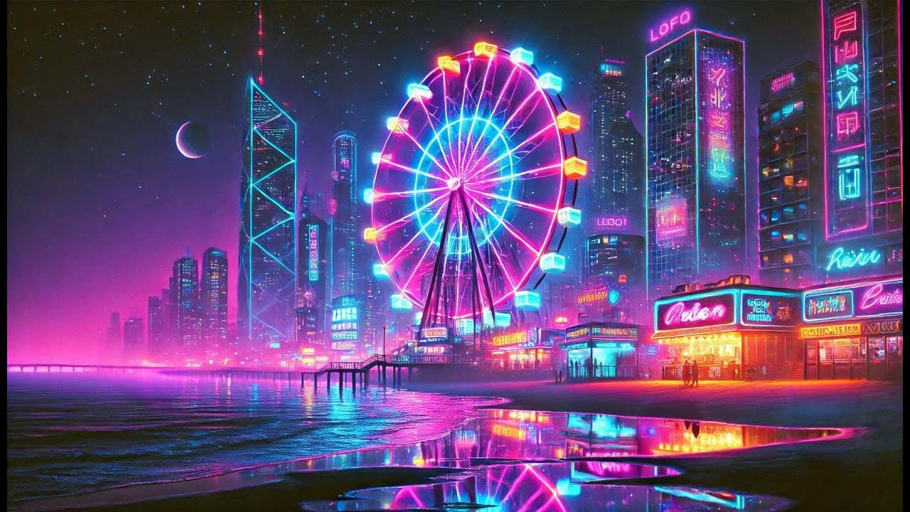 Neon Cyberpunk Beach Night  🌆 | Lofi Vaporwave Chill Beats to Study / Relax