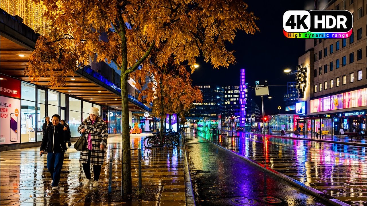 Stockholm at Night in the Rain 🌧️ | 4K HDR Walking Tour