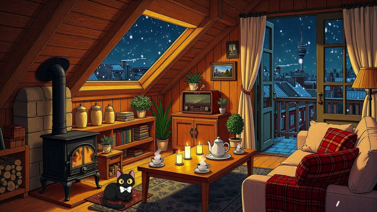 1940s vintage jazz cozy winter ambience  oldies playing in another room, snowy street & fireplace
