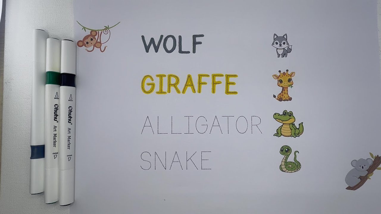 Trace Animal Names for Kids  | Wolf, Giraffe, Alligator & Snake | Preschool Writing