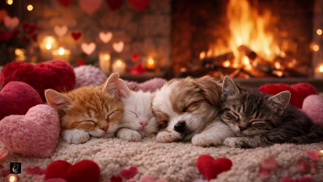Purring Kitten & Puppy Fireplace 🐾🔥 Cozy Sleep Ambience